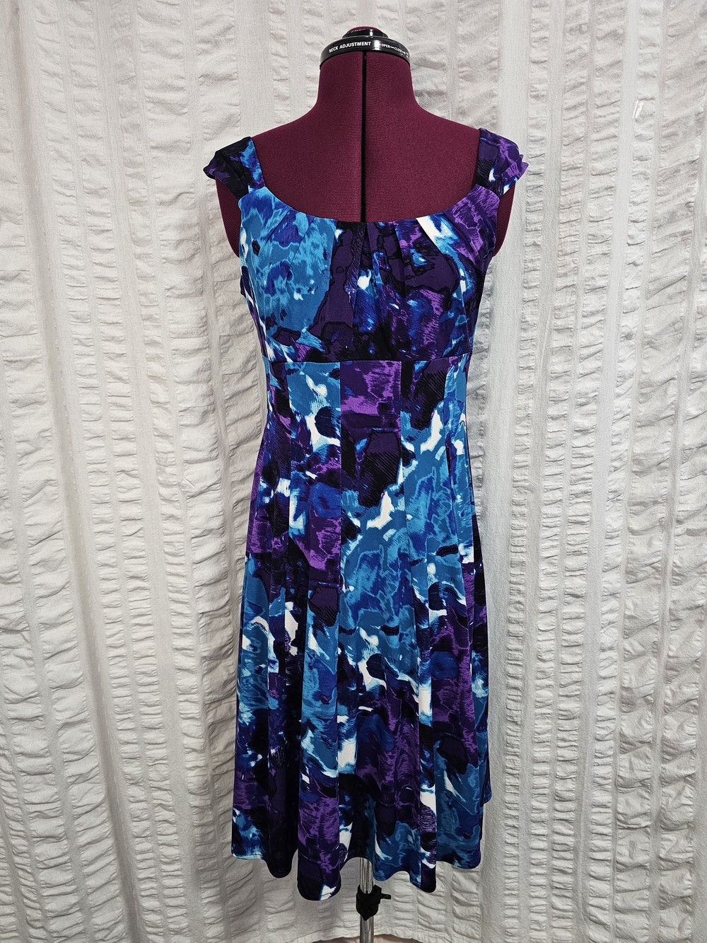 London Style Blue & Purple A-line Flowy Cap-Sleeve Abstract Midi Dress